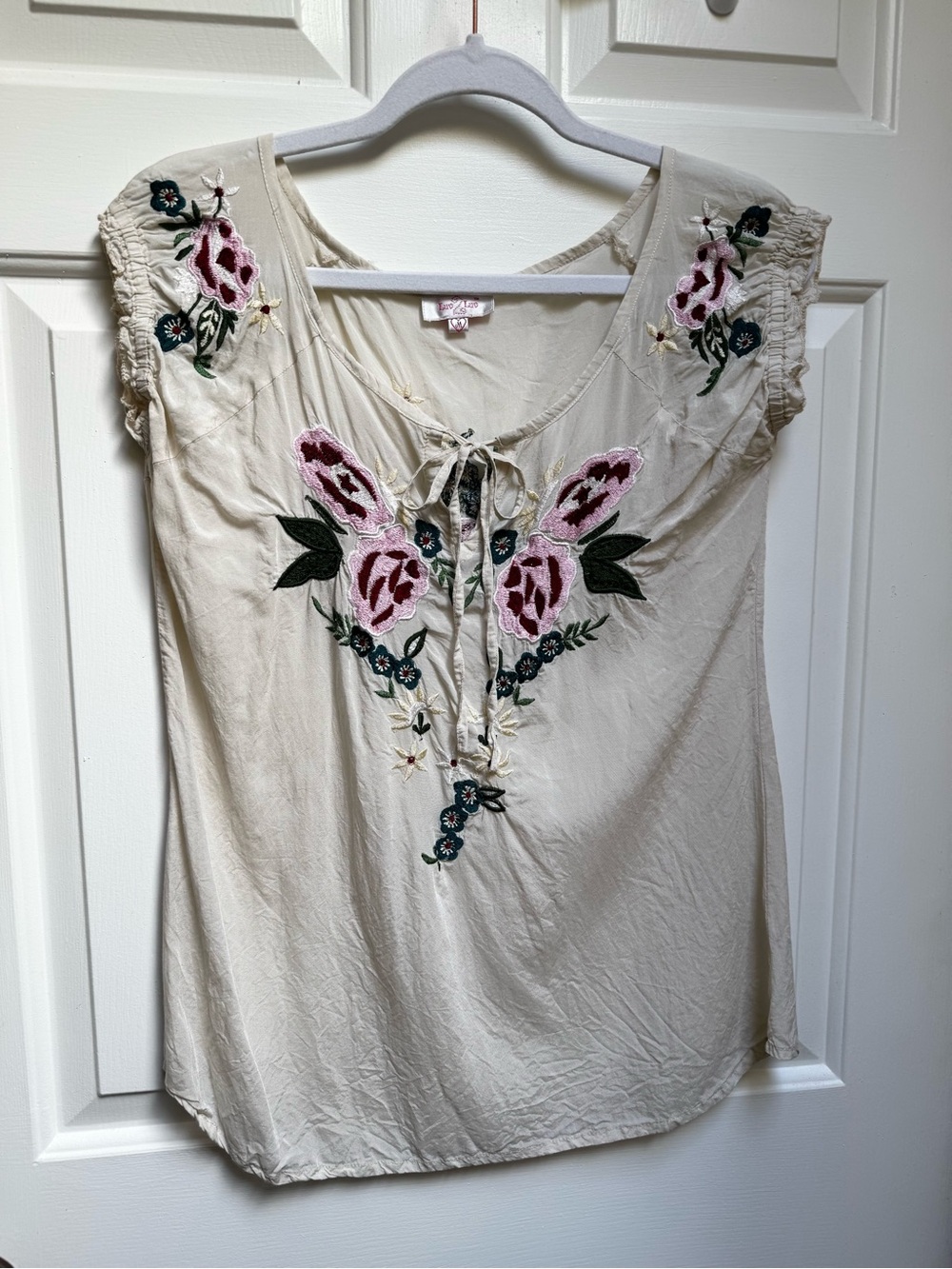 Luv 2 Luv Boho Embroidered Floral Pink Teal Green Cream Cottagecore Top Medium